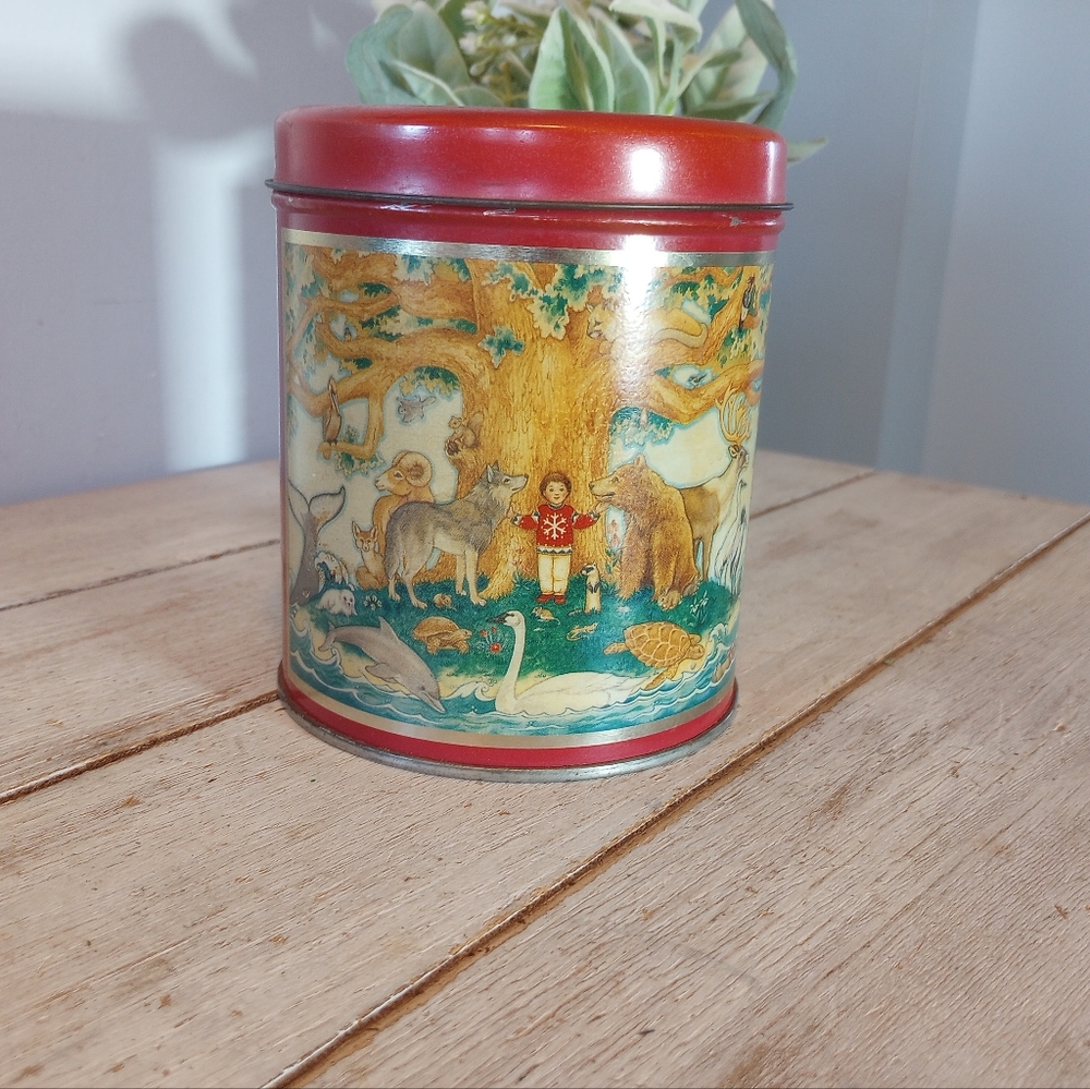 Vtg Old World Woodland Metal Earth Day Tin Coin Bank Litho Savings Stash Jar Red